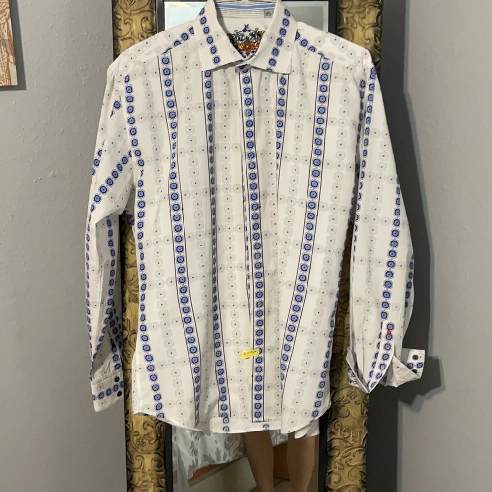 Gorgeous White mens dress shirt with fun blues.Flip the cuff to show off pattern